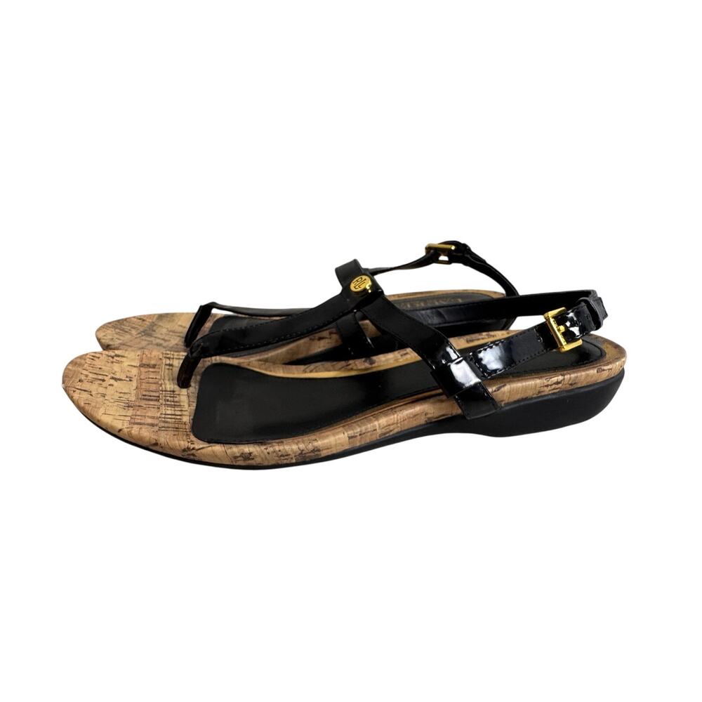 Ralph Lauren Reeta black patent leather sandals cork wrapped wedge t-strap 8.5